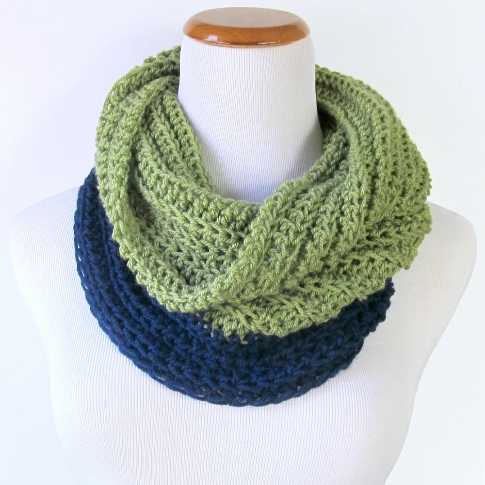 Hand Crocheted Olive and Navy Cowl Infinity Scarf - Picture 4 of 5